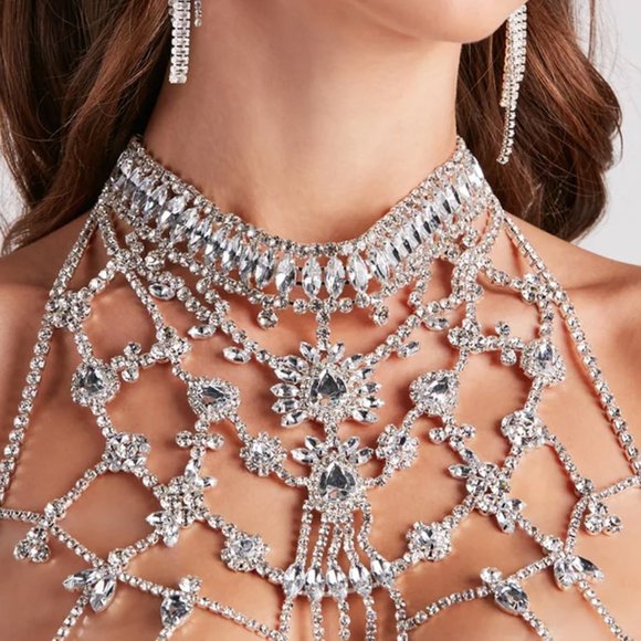 Sleeveless Top Rhinestone Body Chain Bra for Women Clothing Crystal Lingerie - Picture 8 of 10